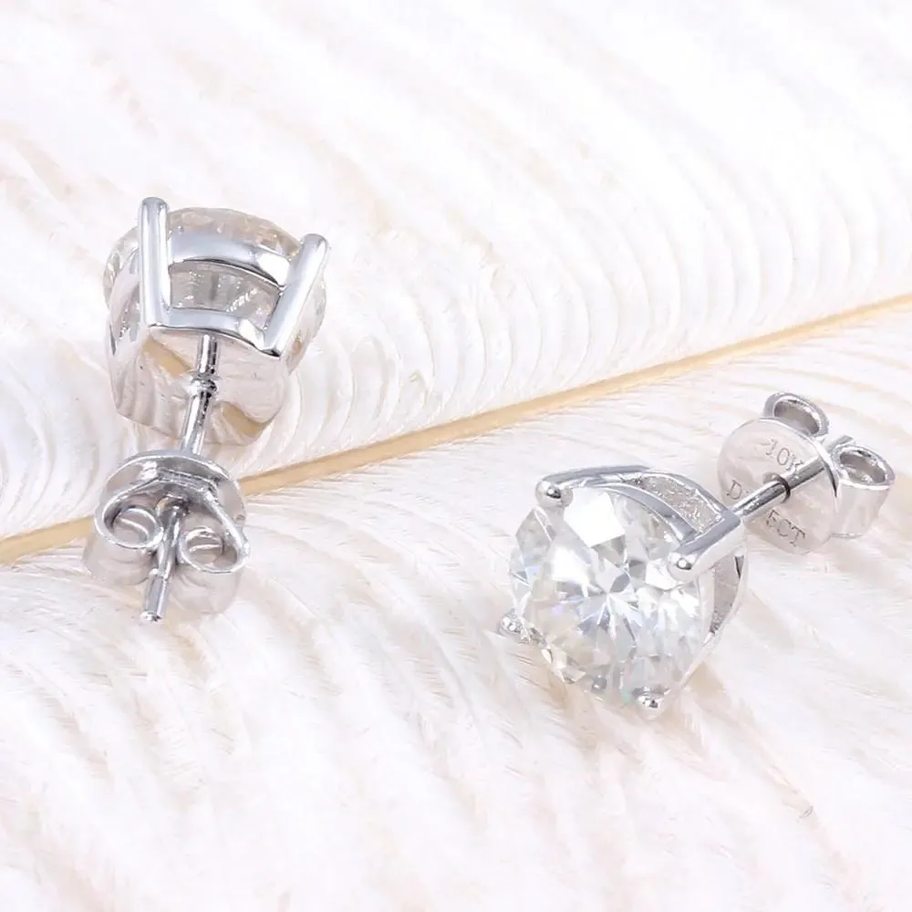 10k White Gold & Silver Stud Moissanite Earrings 1ctw - 3ctw Options