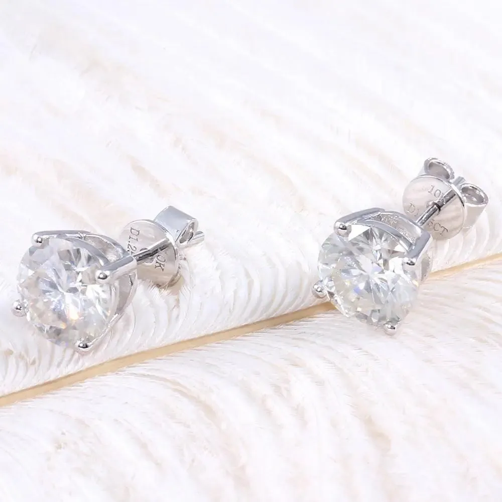 10k White Gold & Silver Stud Moissanite Earrings 1ctw - 3ctw Options