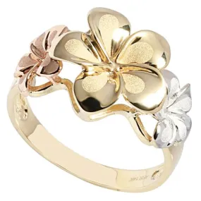 14K Tri-Color Gold Triple Plumeria Ring Sandblast Polish Edge (M)