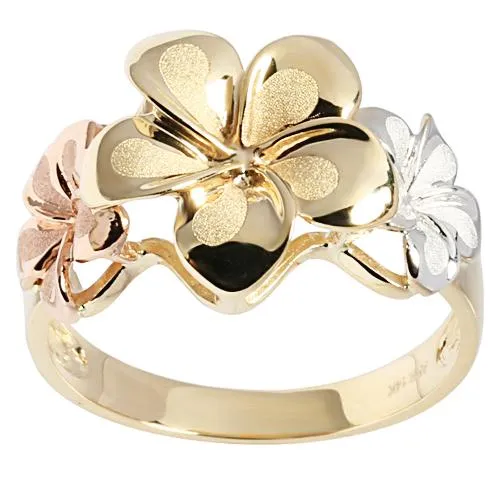 14K Tri-Color Gold Triple Plumeria Ring Sandblast Polish Edge (M)