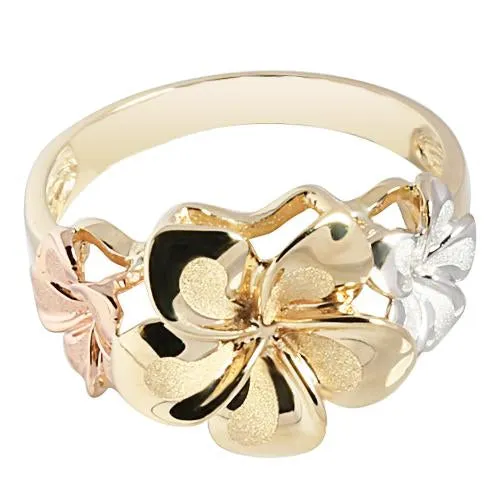 14K Tri-Color Gold Triple Plumeria Ring Sandblast Polish Edge (M)