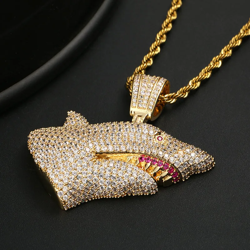 18K Gold Plated Open Mouth Shark Pendant Bling Hip Hop Jewelry