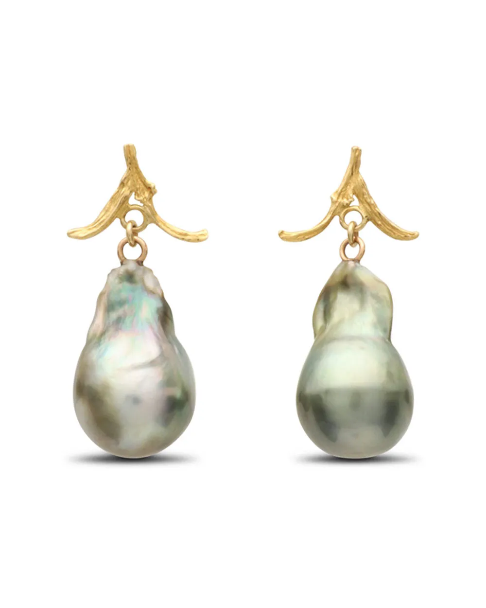 18k Yellow Gold Tahitian Pearl Twig Top Drop Earrings