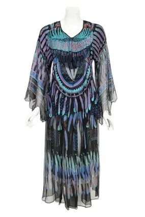 1970 Zandra Rhodes Hand-Painted 'Indian Feathers' Sheer Silk Dress Set