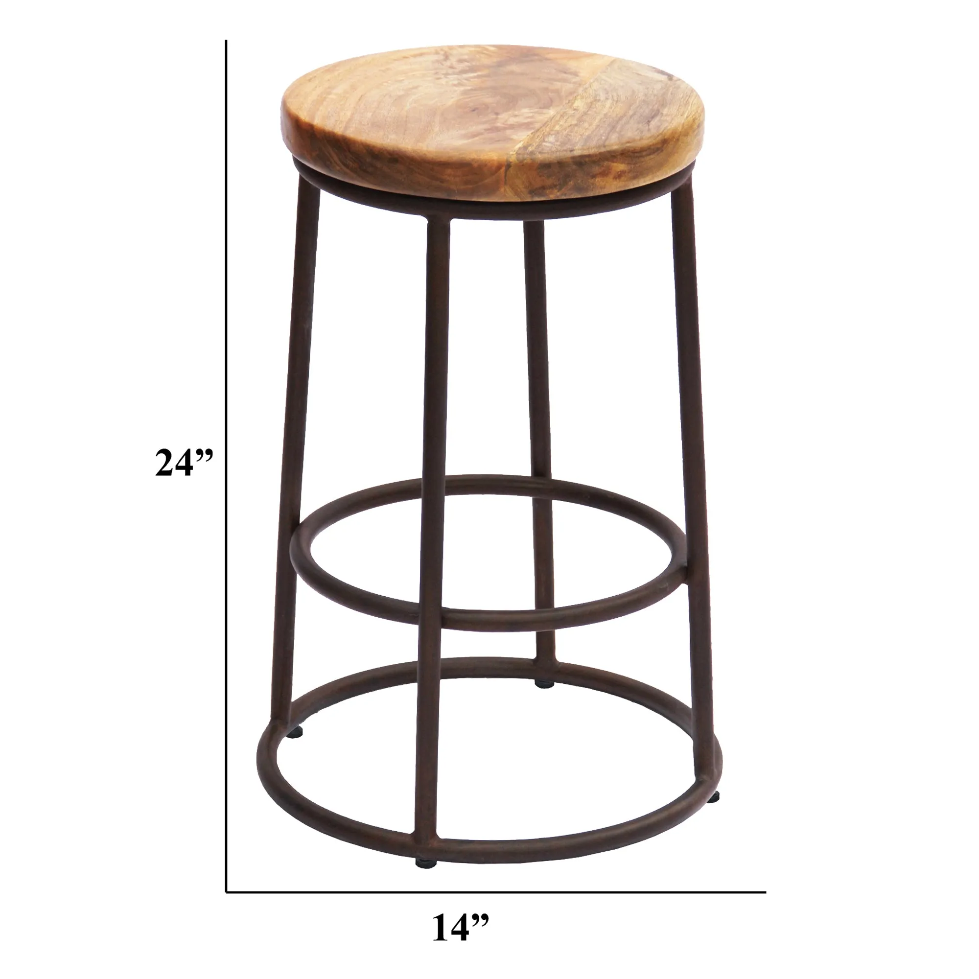 24 Inch Acacia Wood Counter Height Barstool With Iron Base, Brown And Black  By Benzara