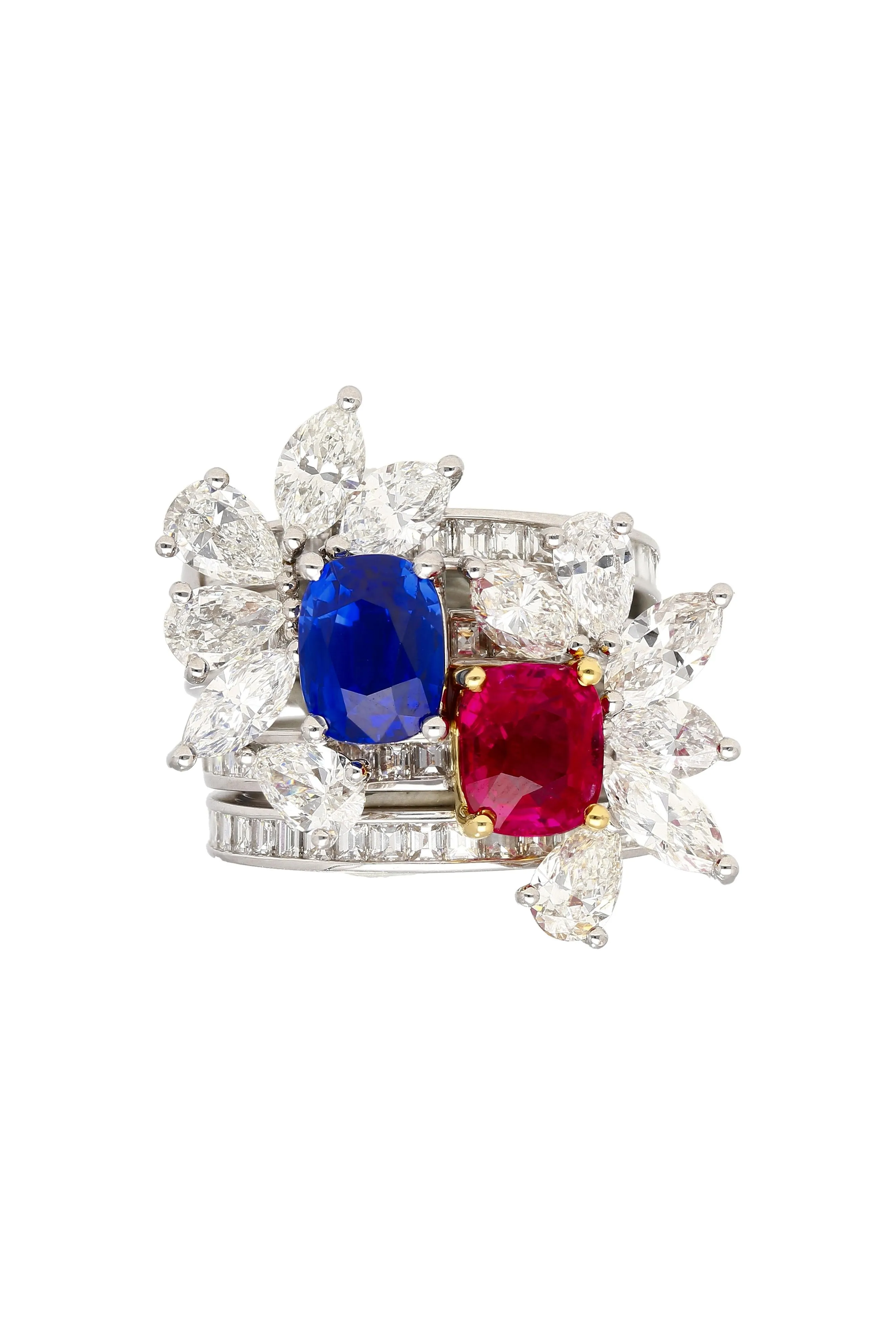 AGL Certified 8 Carat No Heat Kashmir Sapphire, Burma Ruby, & Diamond Stack Ring