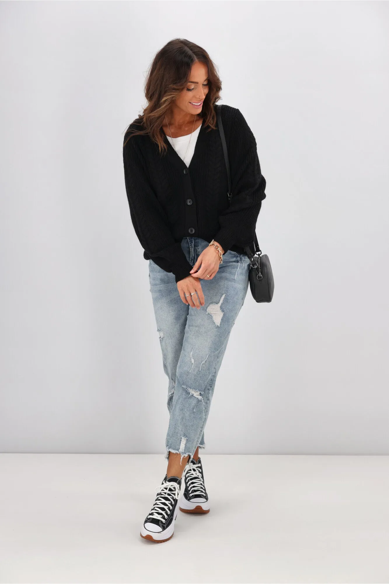 Alpine By Shine On Camille Merino Cable Knit Cardigan Black