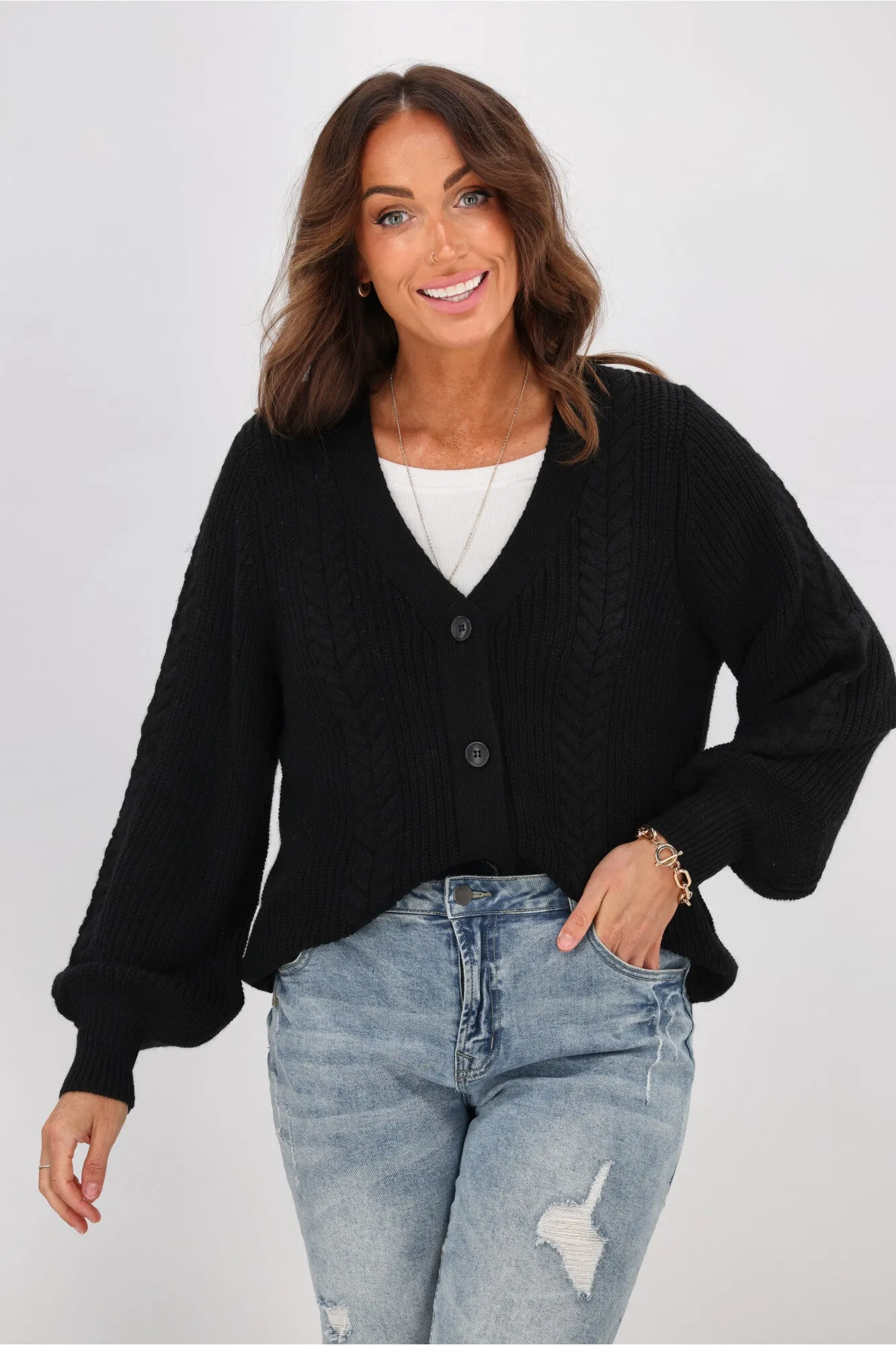 Alpine By Shine On Camille Merino Cable Knit Cardigan Black