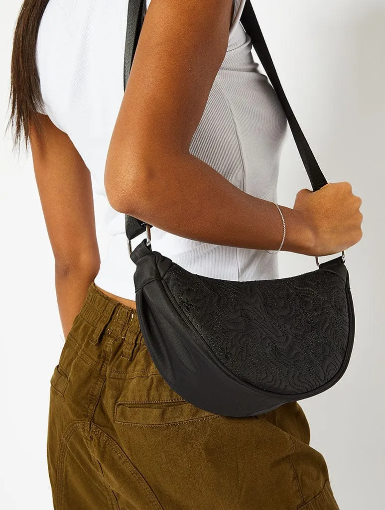 Black Swirl Quilted Nylon Hobo Cross Body Bag