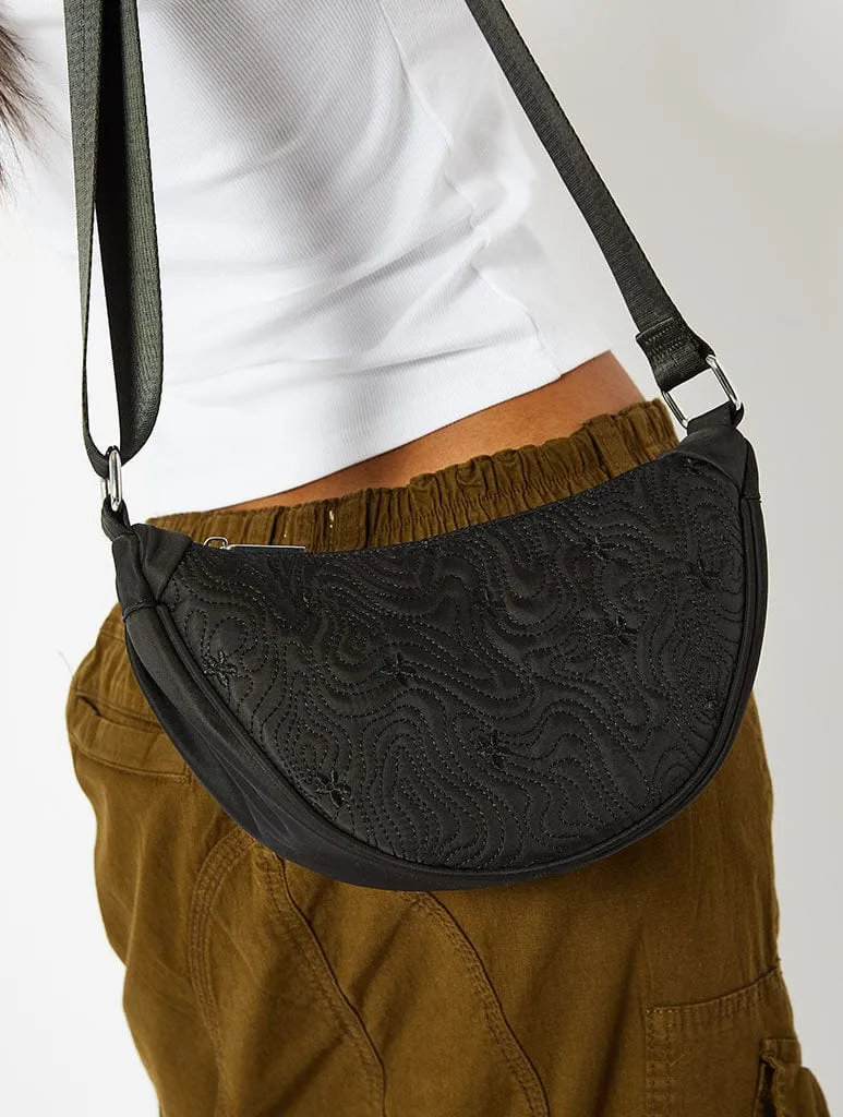 Black Swirl Quilted Nylon Hobo Cross Body Bag