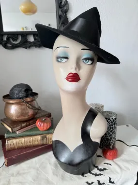 Black Vintage Style Witch Hat (Refashioned)with Black Ribbon