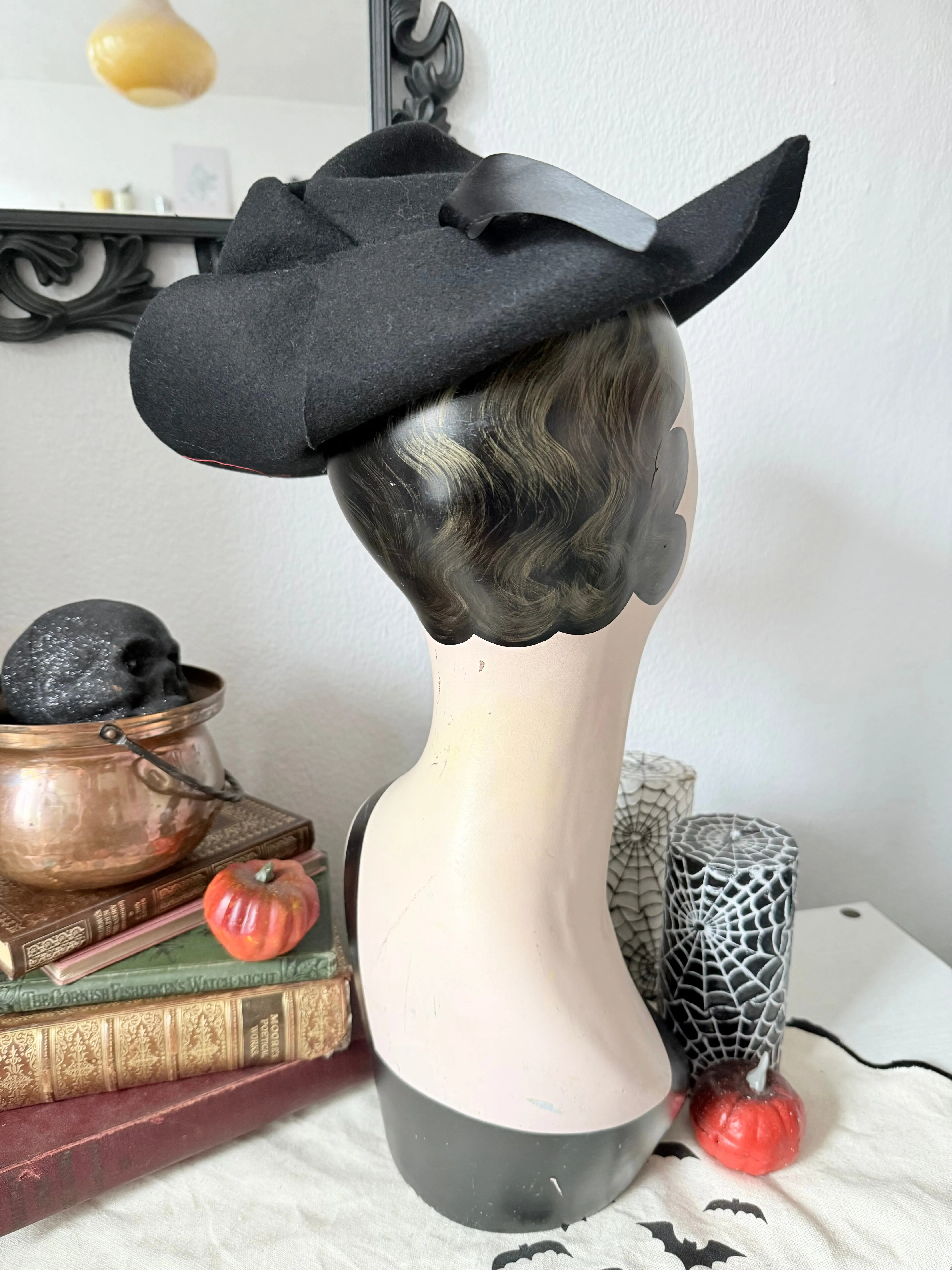 Black Vintage Style Witch Hat (Refashioned)with Black Ribbon