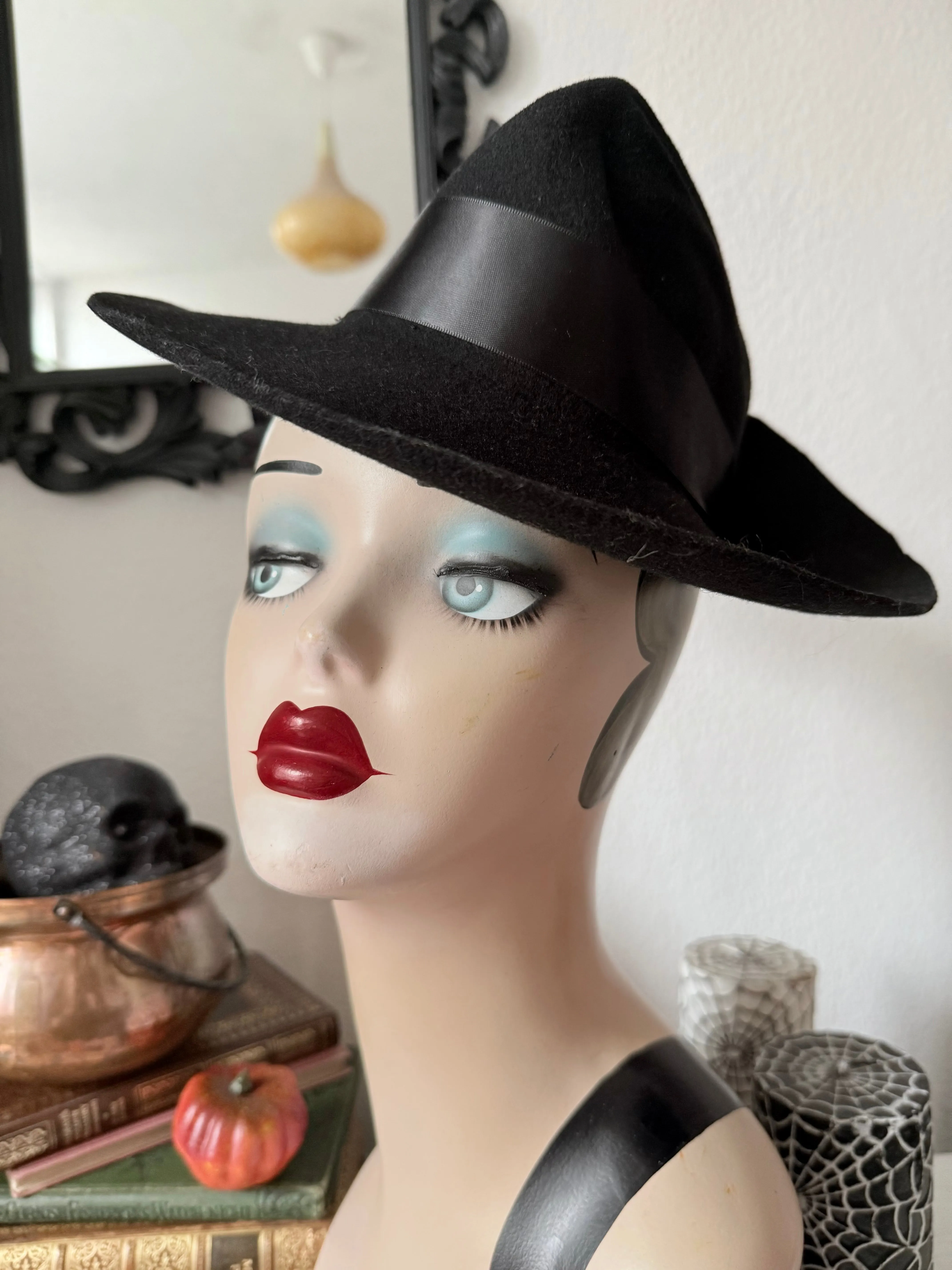 Black Vintage Style Witch Hat (Refashioned)with Black Ribbon