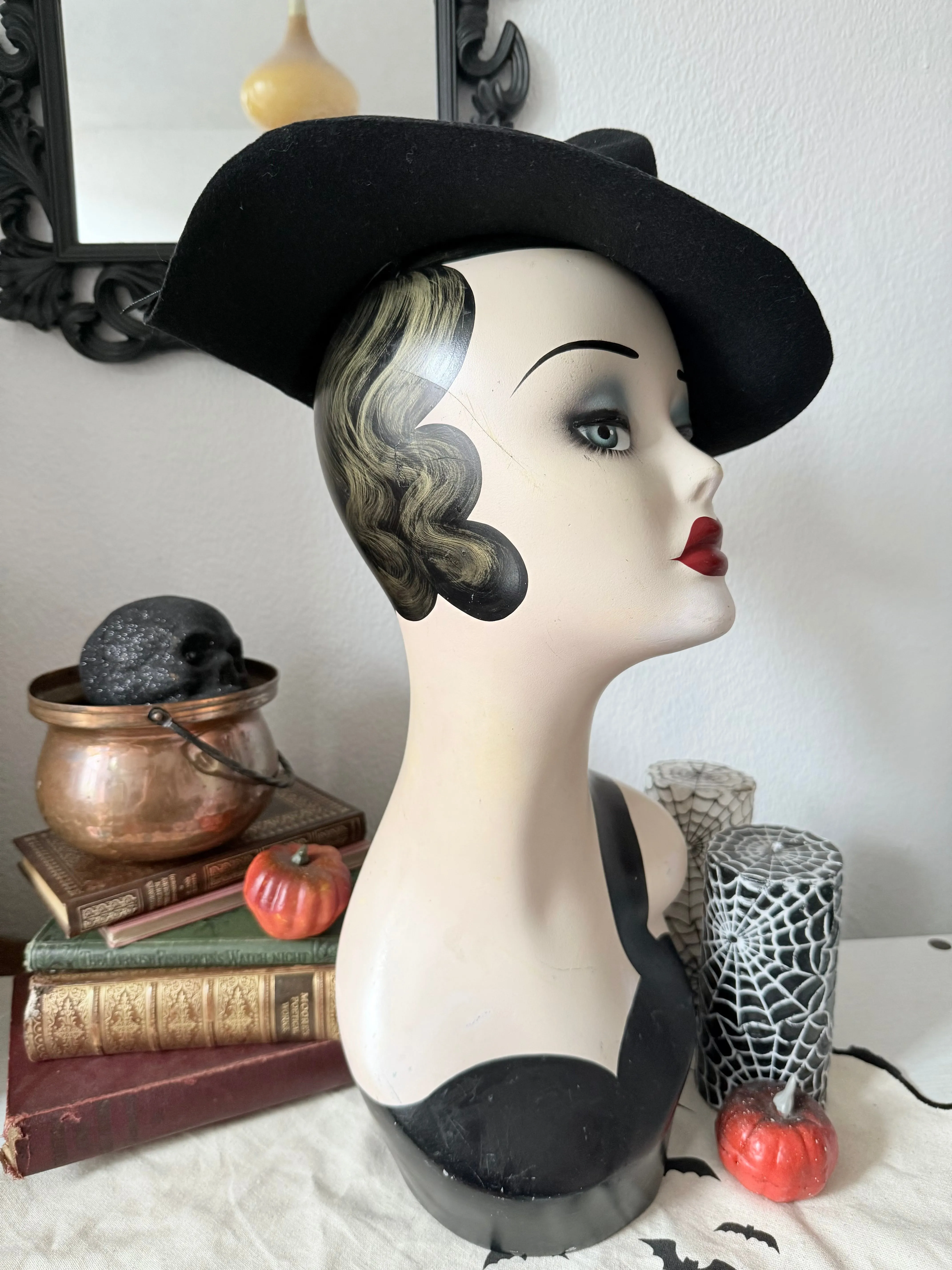 Black Vintage Style Witch Hat (Refashioned)with Black Ribbon