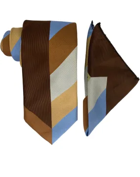 Bruno Conte Geometric Tie and Handkerchief - Brown Multi