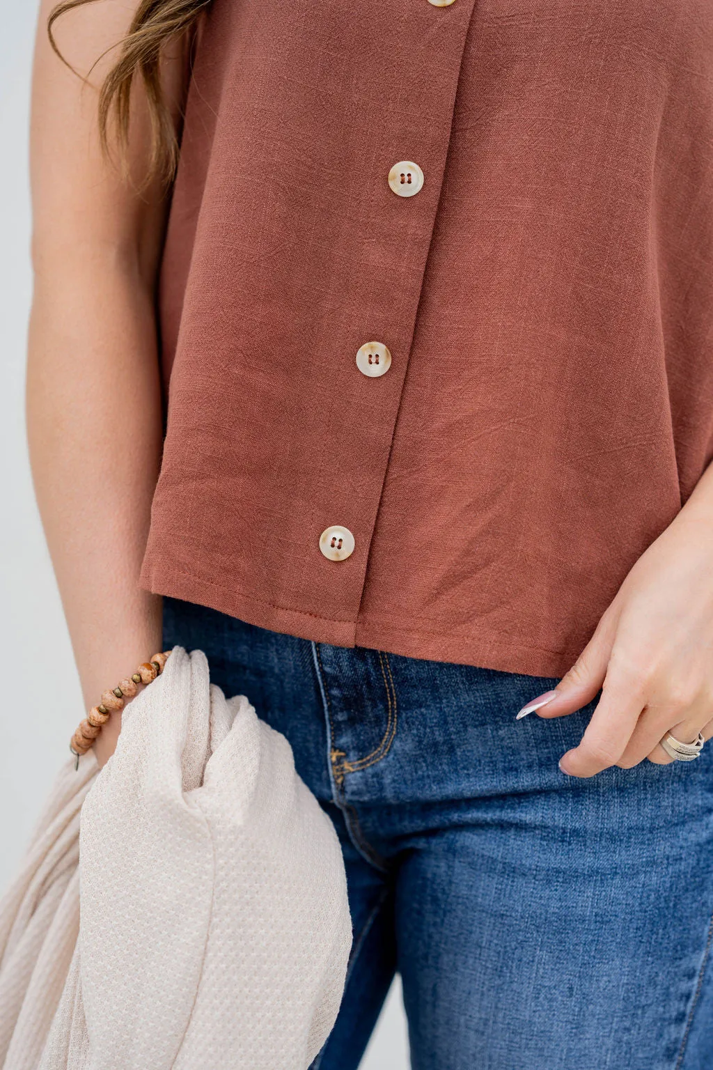 Button Accented Ruched Strap Tank