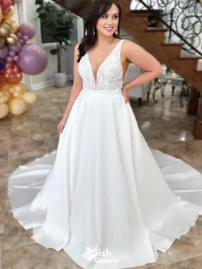 Charming Spaghetti Straps V Neck Sleeveless With Trailing Applique Popular Bridal Long Wedding Dresses, WDH141