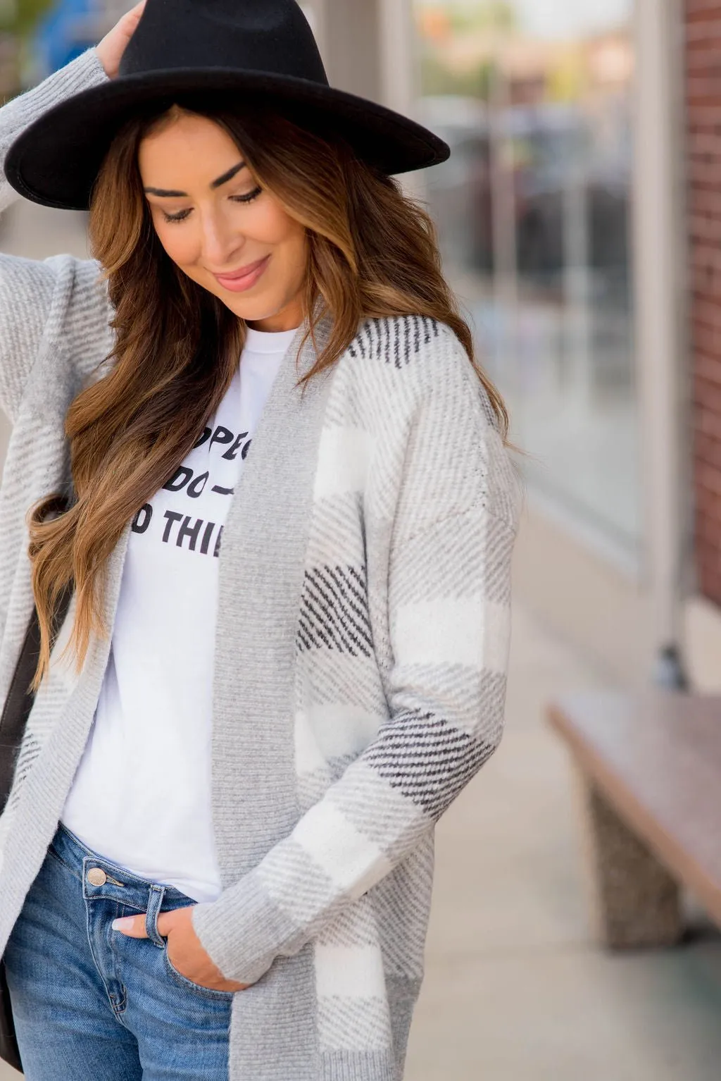 Checkered Ribbed Trimmed Cardigan