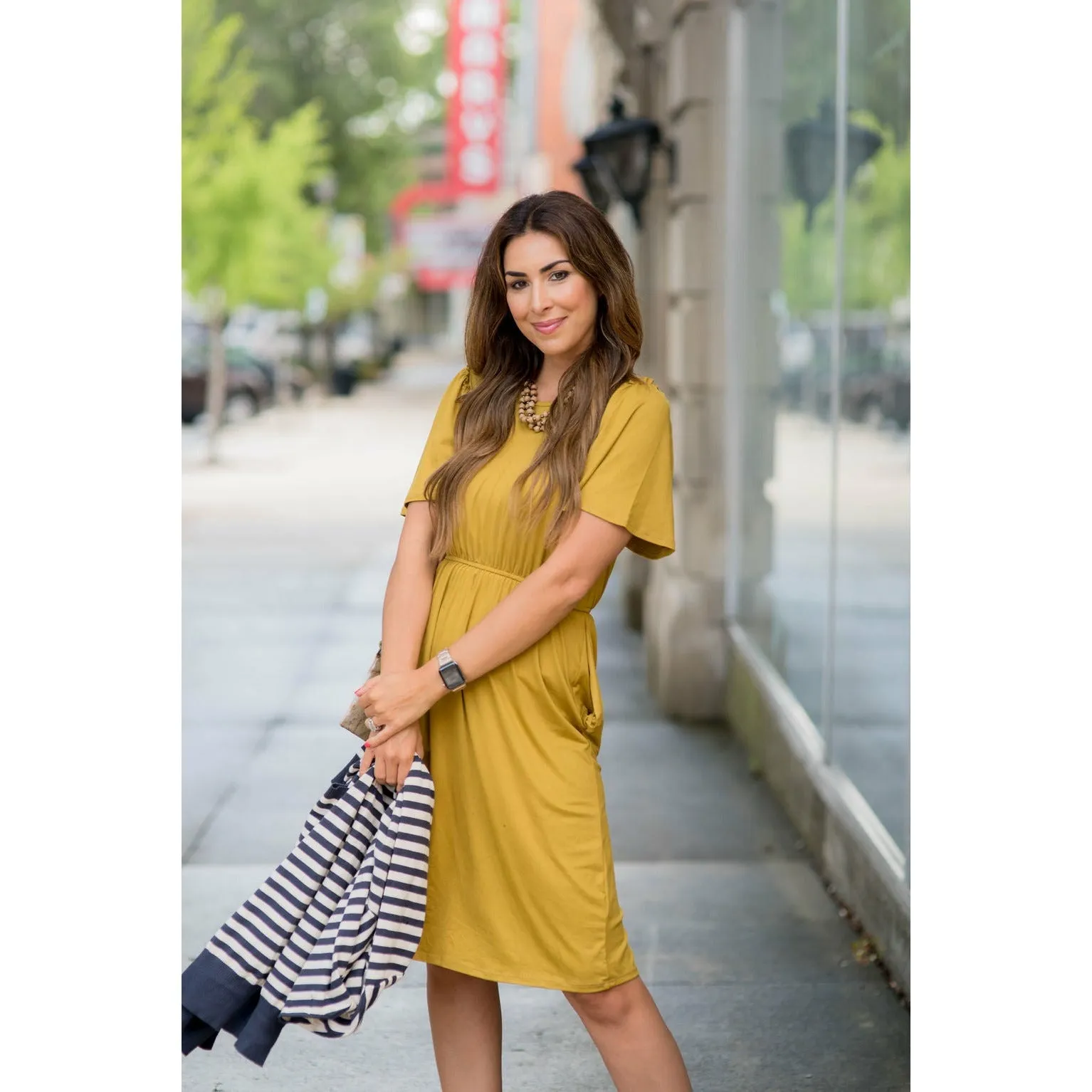 Cinched Sleeved Midi Dress