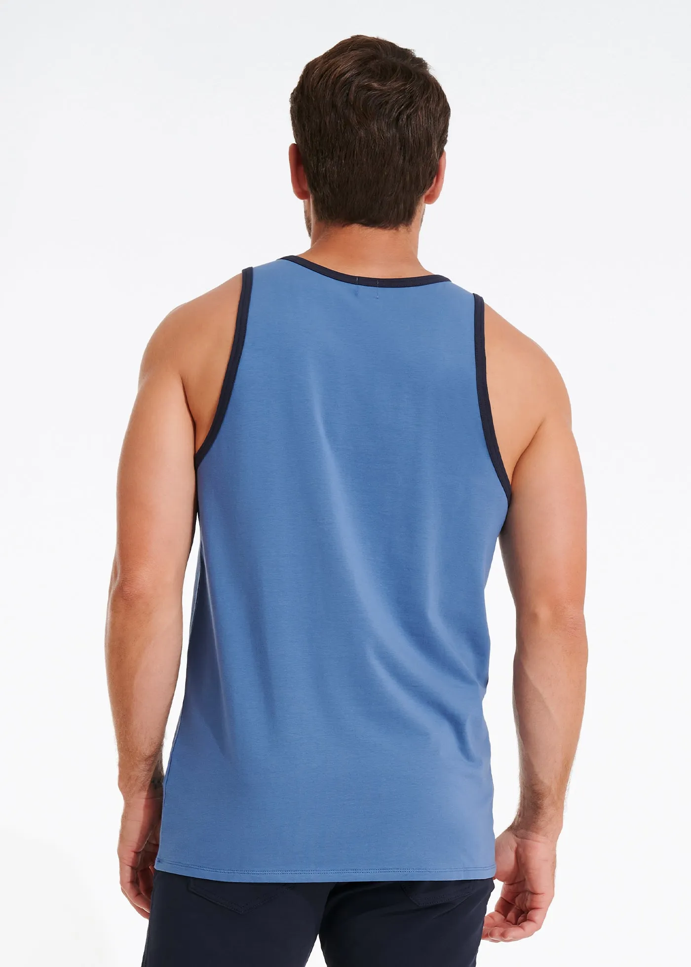 Cotton Stretch Ringer Pocket Tank | Medium Blue w/Navy