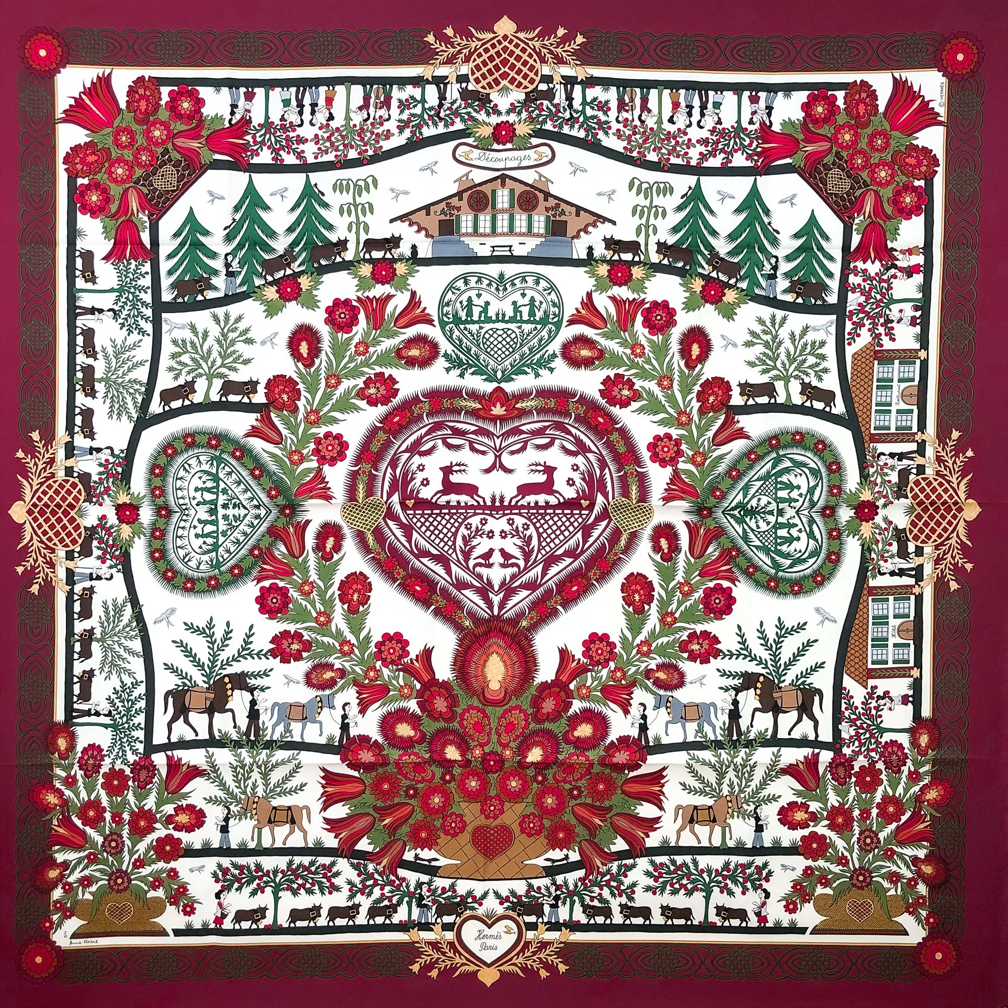 Decoupages Hermes Scarf by Anne Rosat 90 cm Silk Bordeaux Col.