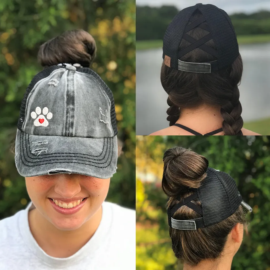 Dog Paw Heart Ponytail Criss Cross Hat