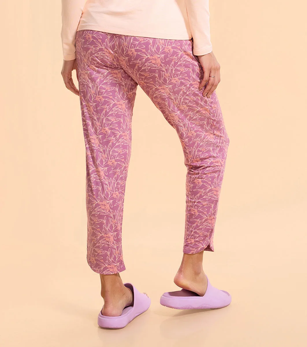 Enamor Essentials E048 Printed Tapered Lounge Pants With Self Fabric Drawstring With Metal Ends