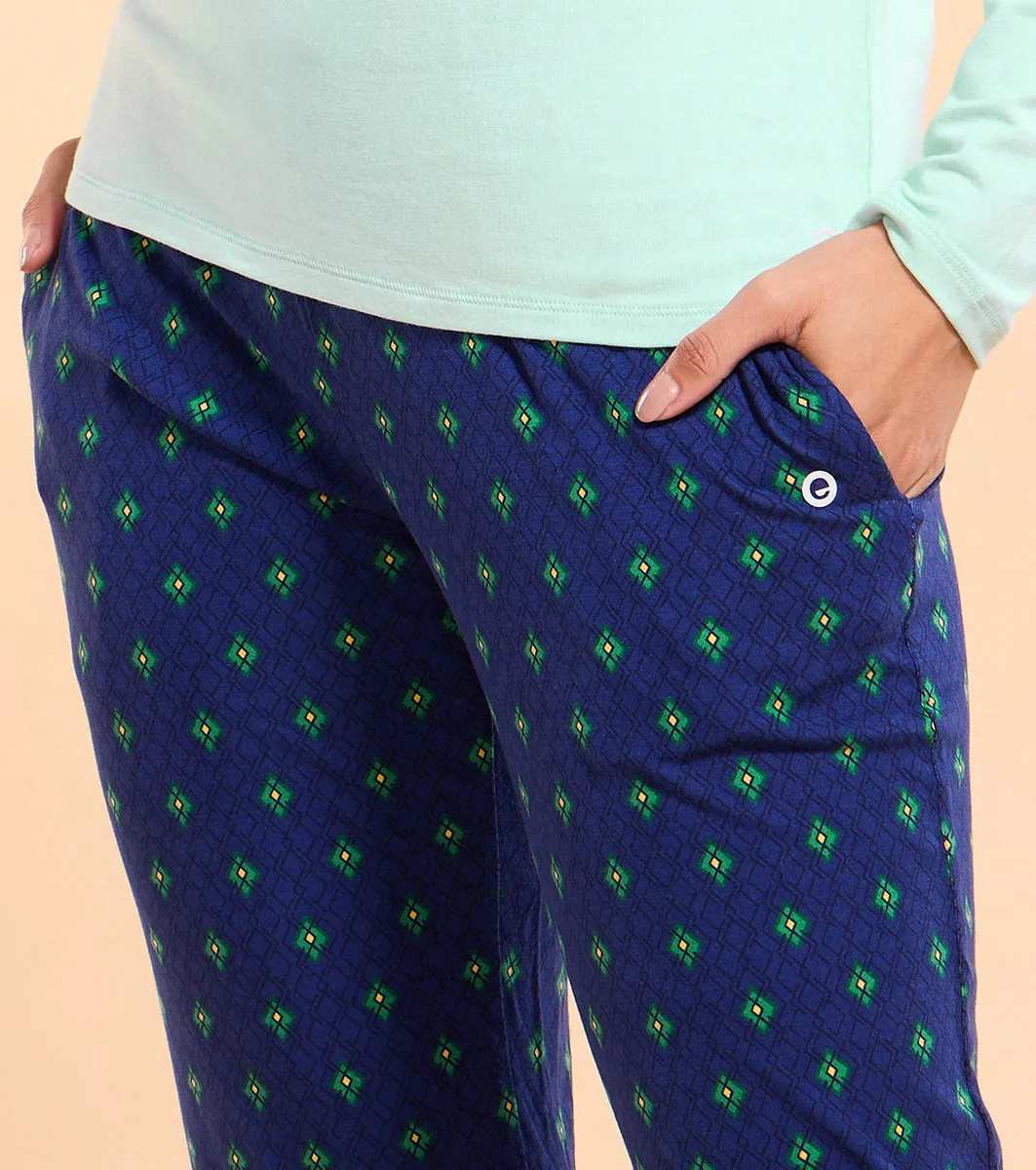 Enamor Essentials E048 Printed Tapered Lounge Pants With Self Fabric Drawstring With Metal Ends