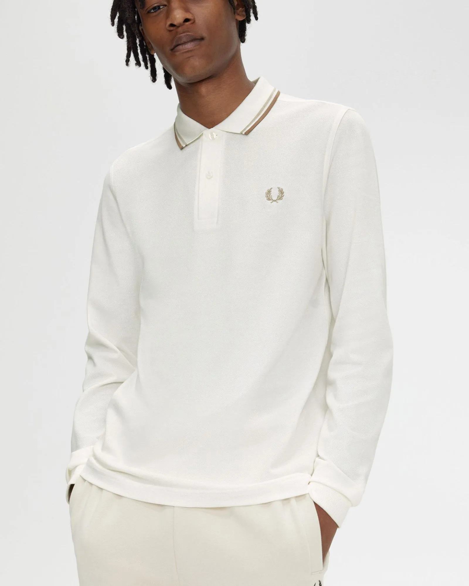 Fred Perry L/S Twin Tipped Polo Shirt - Snow White / Oatmeal / Warm Stone