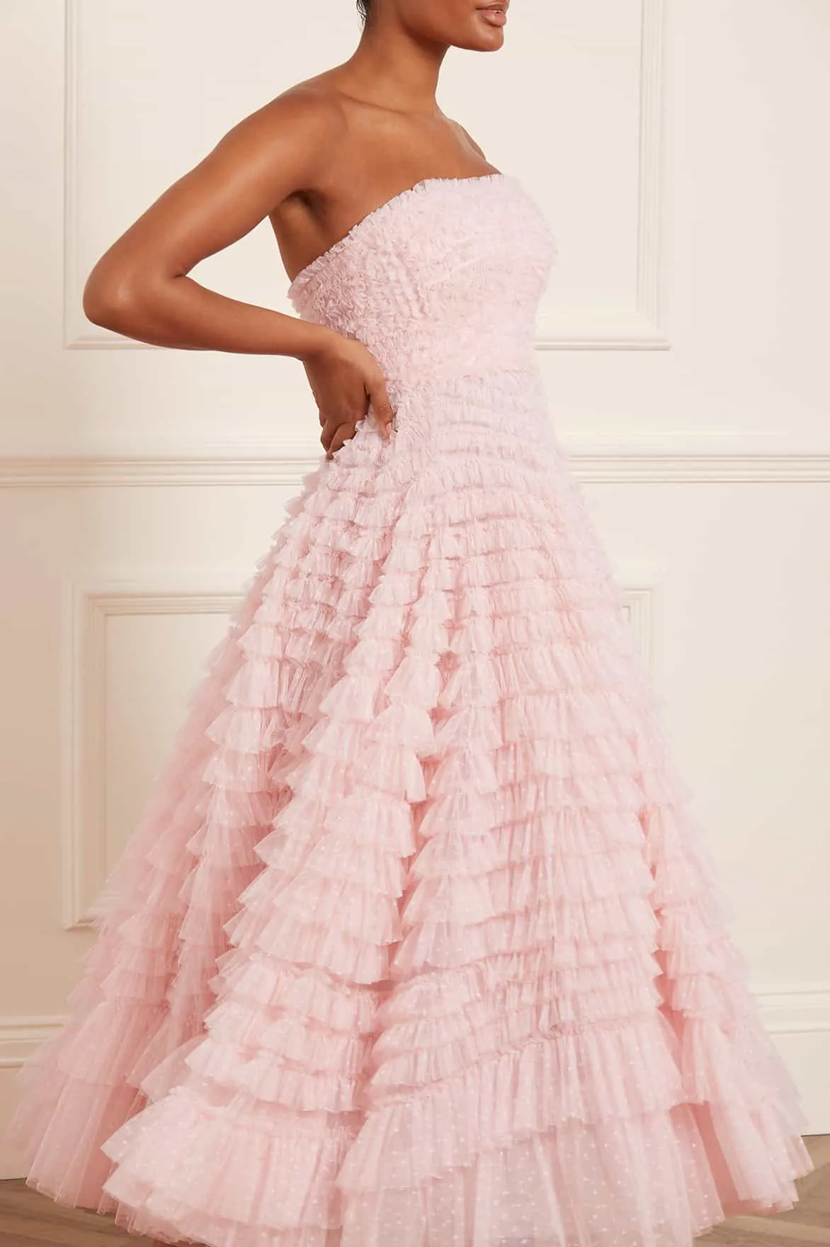 Hattie Ruffle Strapless Ankle Gown