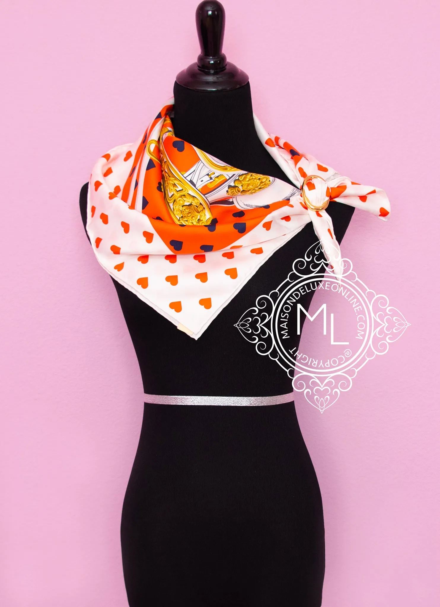 Hermes "Brides De Gala Love" Orange Twill Silk 90 cm Scarf