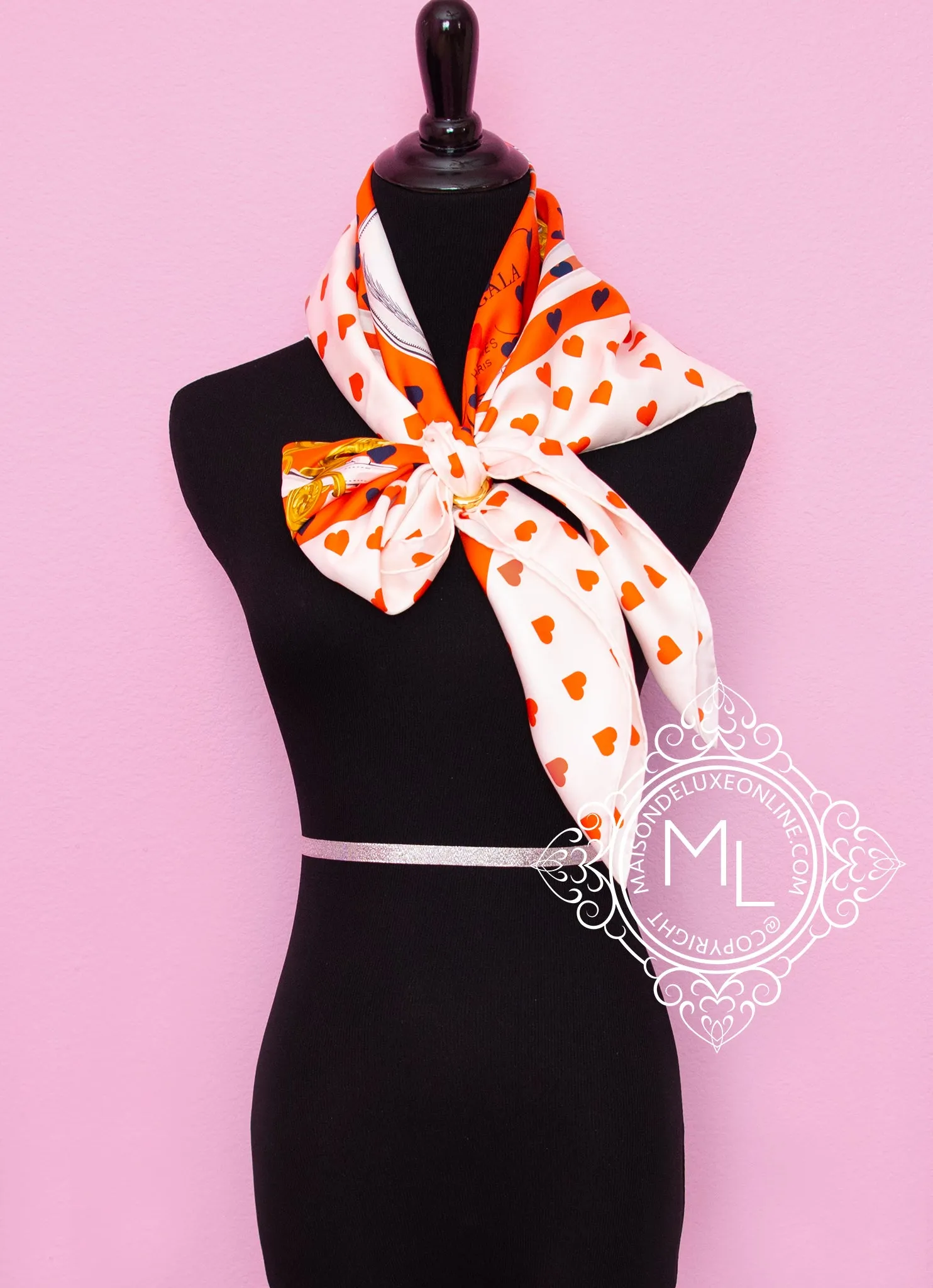 Hermes "Brides De Gala Love" Orange Twill Silk 90 cm Scarf