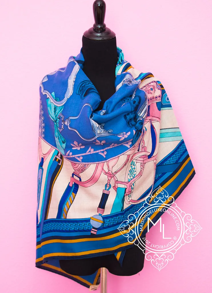 Hermes "Duo d'Etriers" Blue Pink Cashmere 140 GM Shawl Scarf