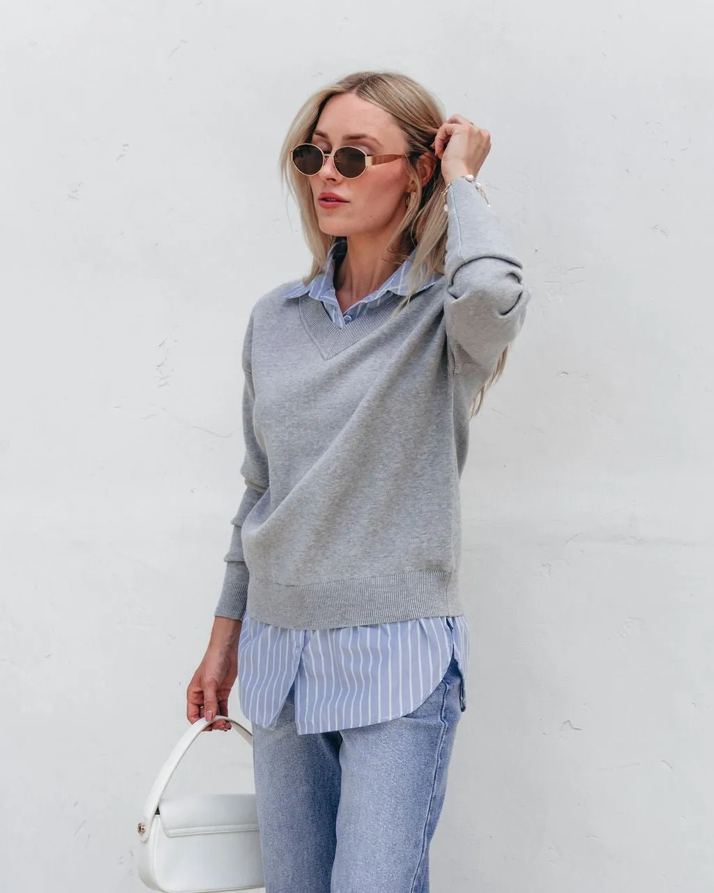 Layered V Neck Shirt Sweater - Grey