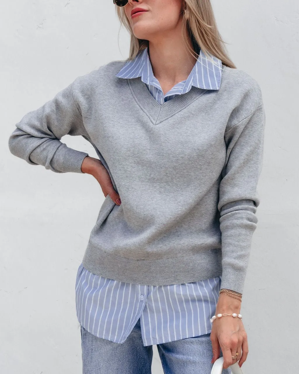 Layered V Neck Shirt Sweater - Grey