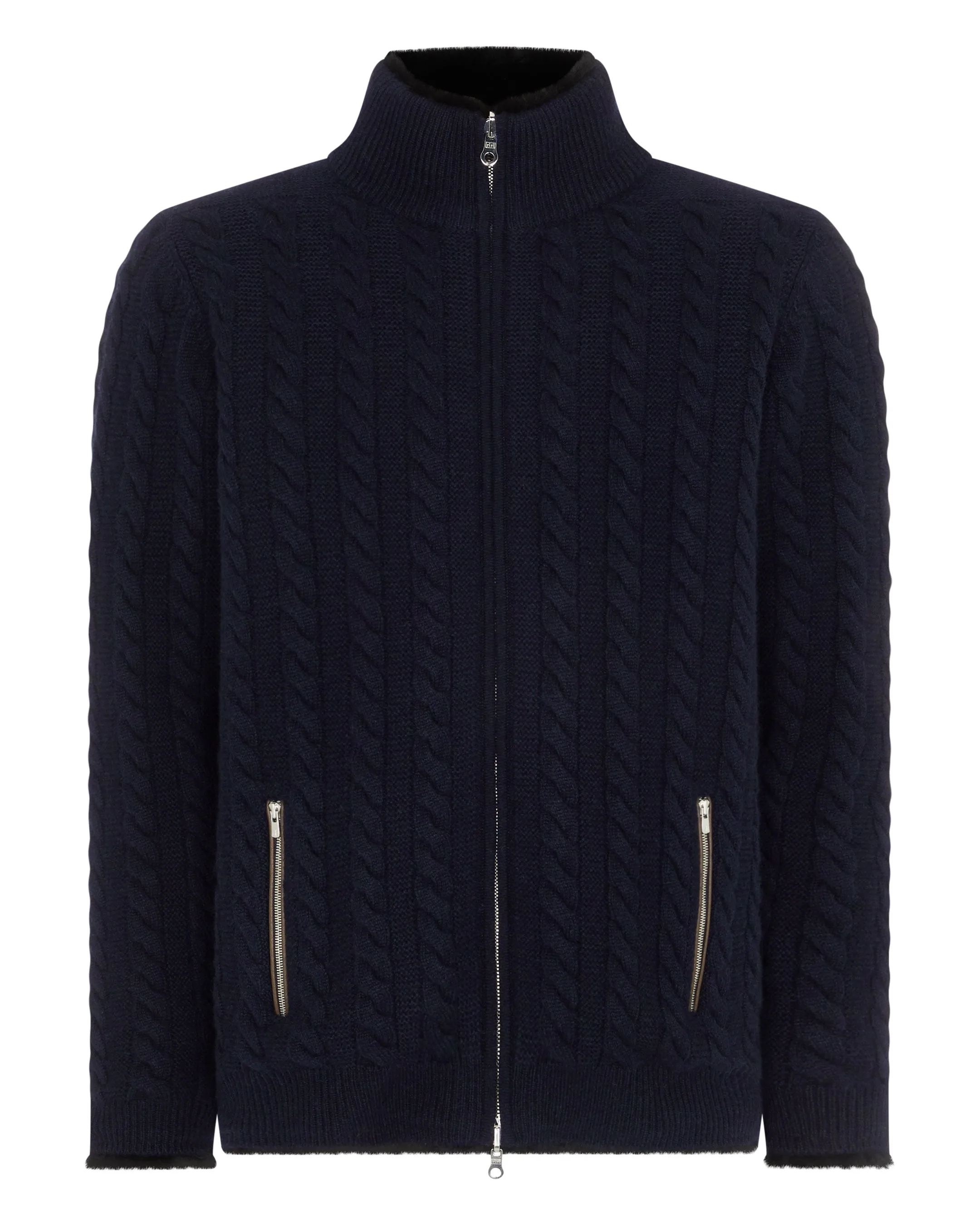 Men's Aspen Cashmere Cable Fur Cardigan Navy Blue