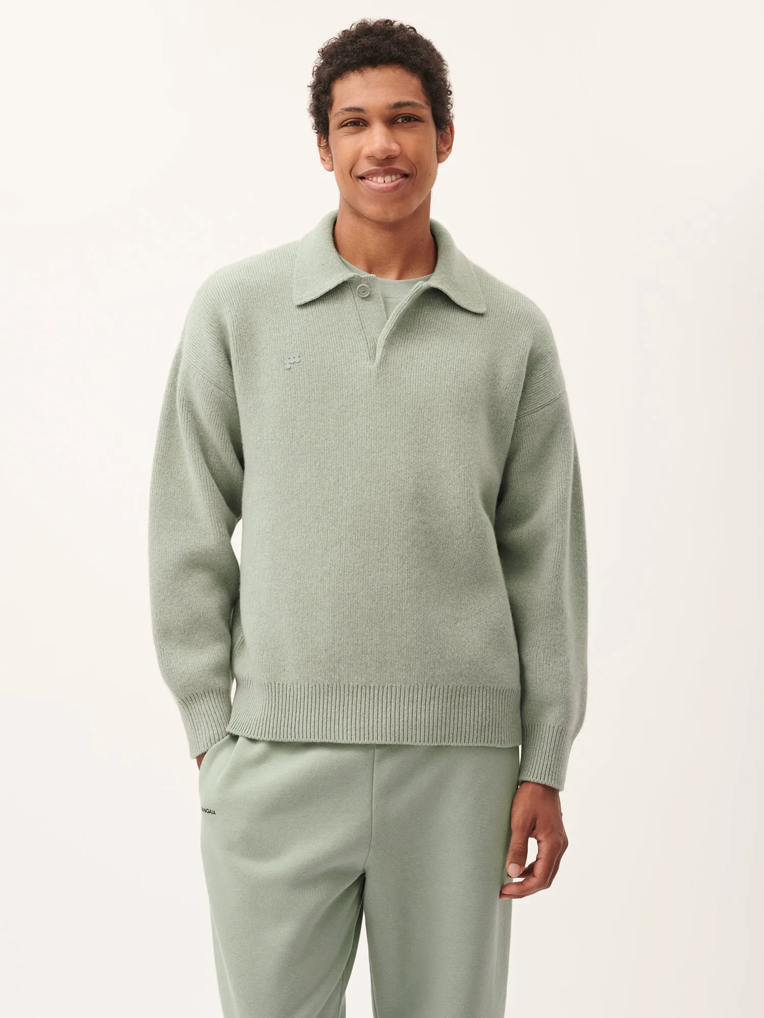 Mens DNA Recycled Cashmere Polo Sweater—moss green