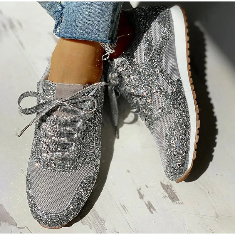 Mesh Glitter Lace Up Bling Platform Vulcanized Sneakers