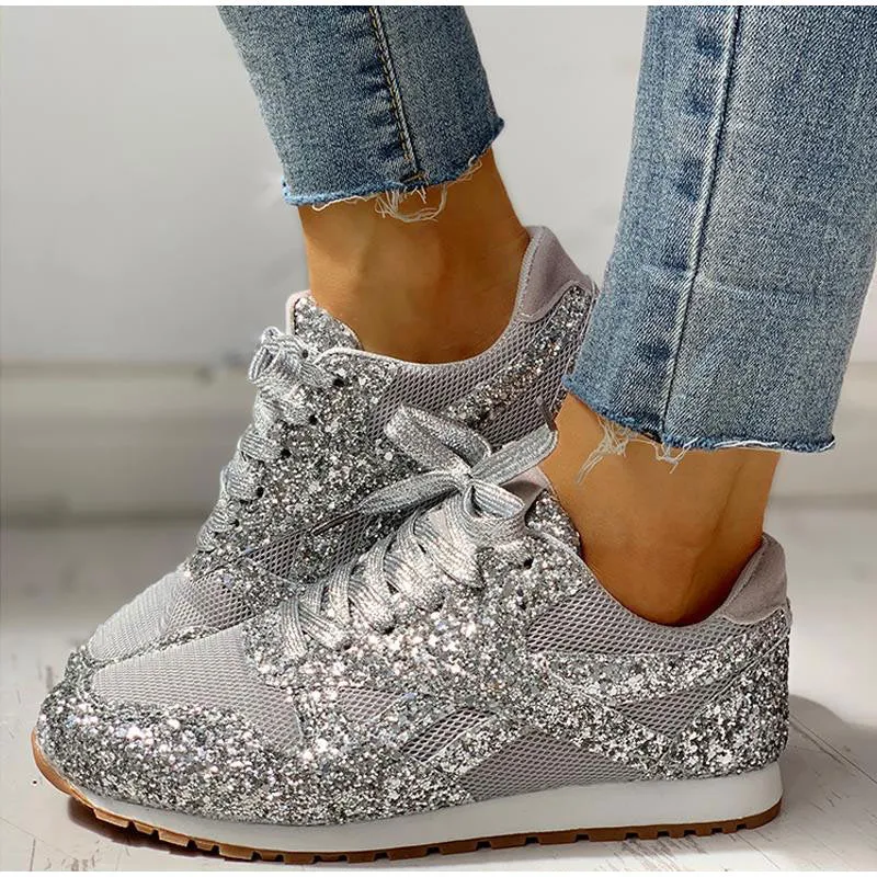 Mesh Glitter Lace Up Bling Platform Vulcanized Sneakers