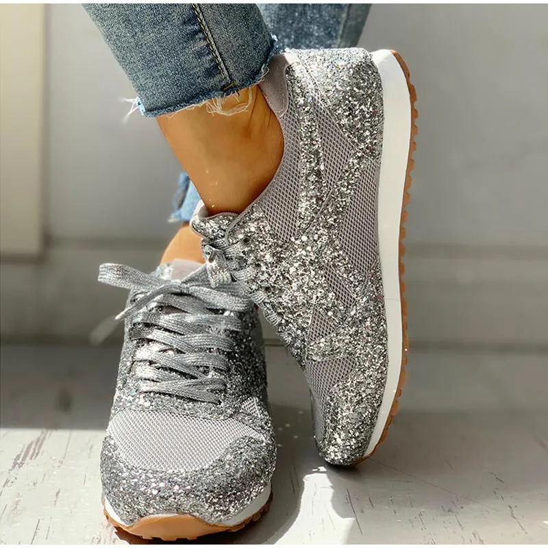 Mesh Glitter Lace Up Bling Platform Vulcanized Sneakers