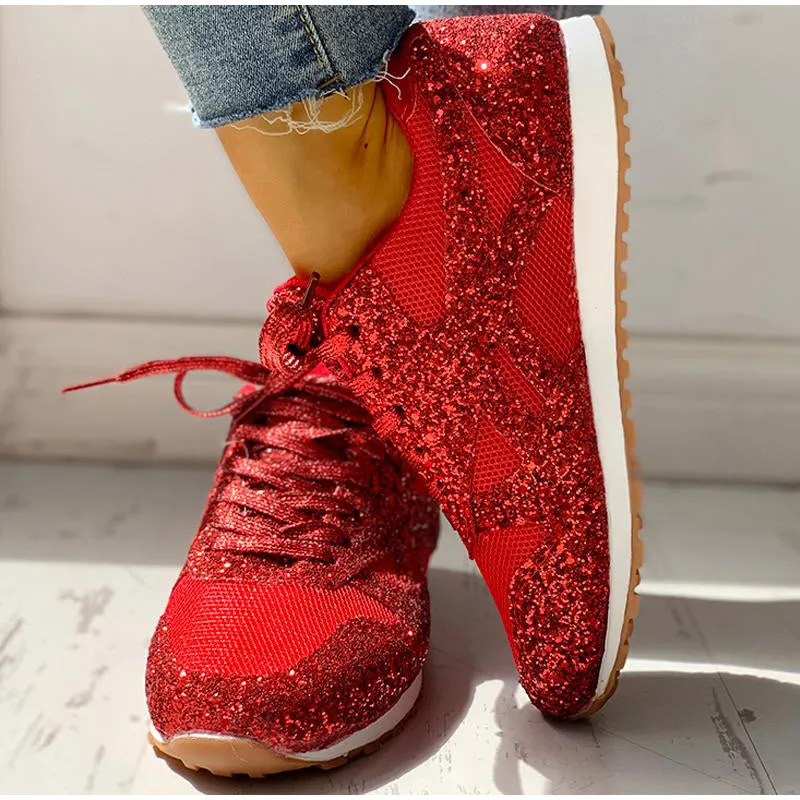 Mesh Glitter Lace Up Bling Platform Vulcanized Sneakers