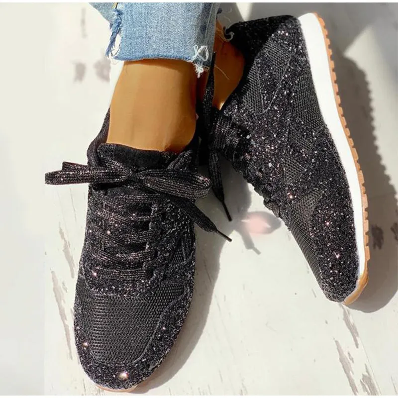 Mesh Glitter Lace Up Bling Platform Vulcanized Sneakers