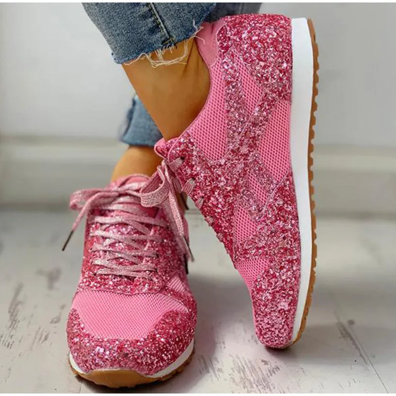 Mesh Glitter Lace Up Bling Platform Vulcanized Sneakers