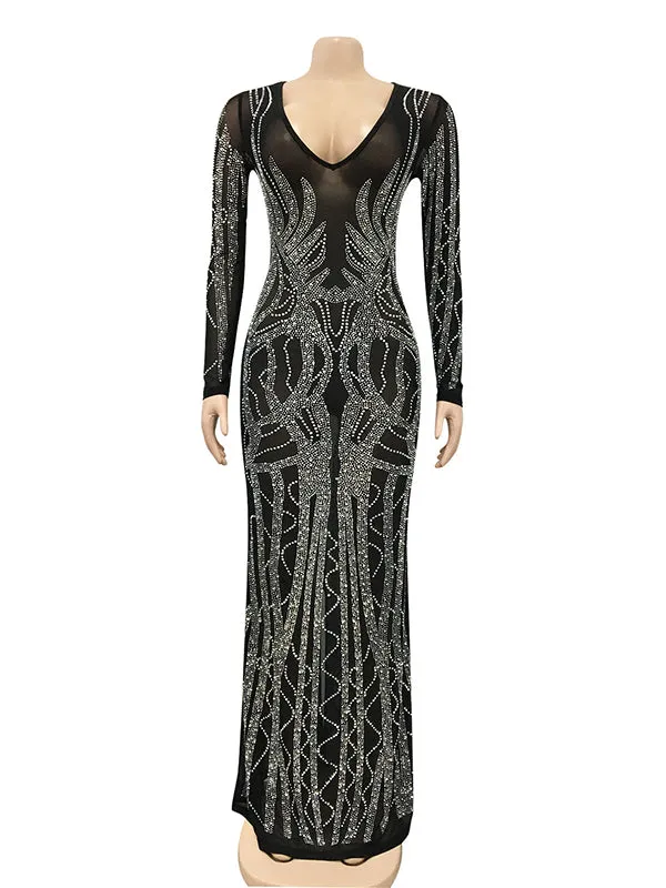 Momnfancy Black Mesh Rhinestone Sheer V-neck Long Sleeve Bodycon Photoshoot Maternity Maxi Dress