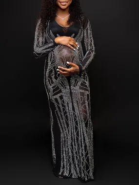 Momnfancy Black Mesh Rhinestone Sheer V-neck Long Sleeve Bodycon Photoshoot Maternity Maxi Dress