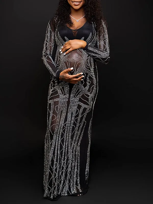 Momnfancy Black Mesh Rhinestone Sheer V-neck Long Sleeve Bodycon Photoshoot Maternity Maxi Dress