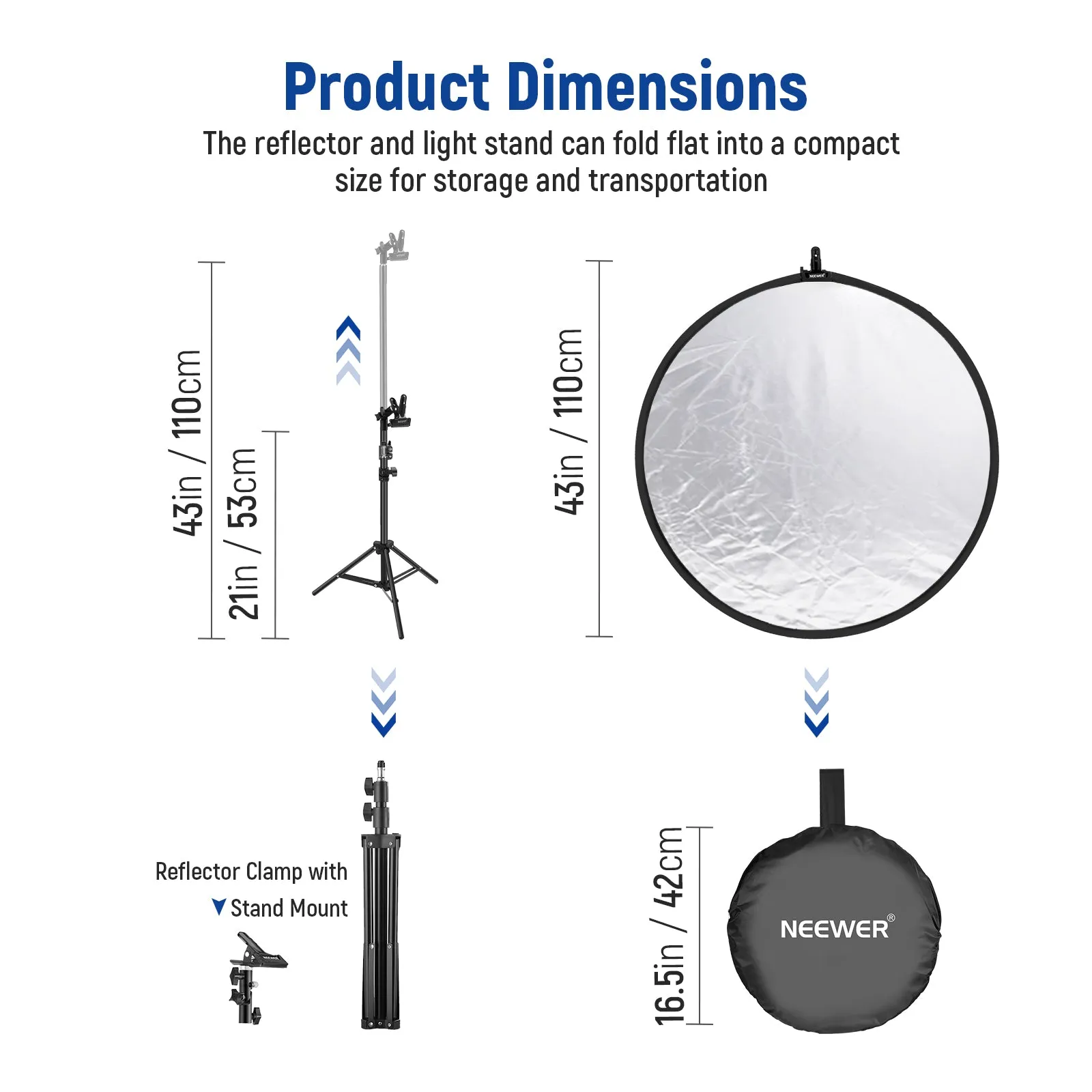 NEEWER 43”/110cm Light Reflector with Metal Clamp and Stand