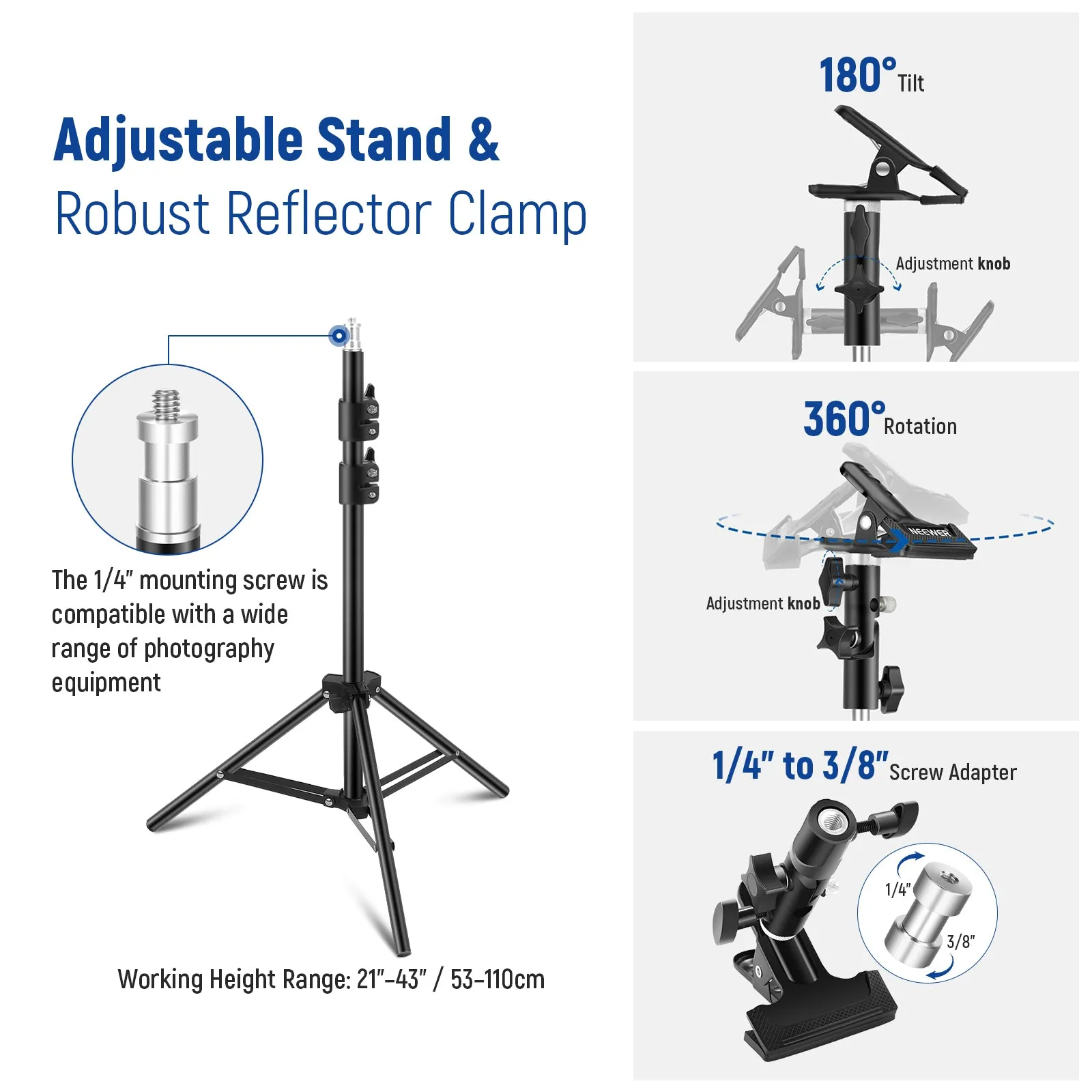 NEEWER 43”/110cm Light Reflector with Metal Clamp and Stand