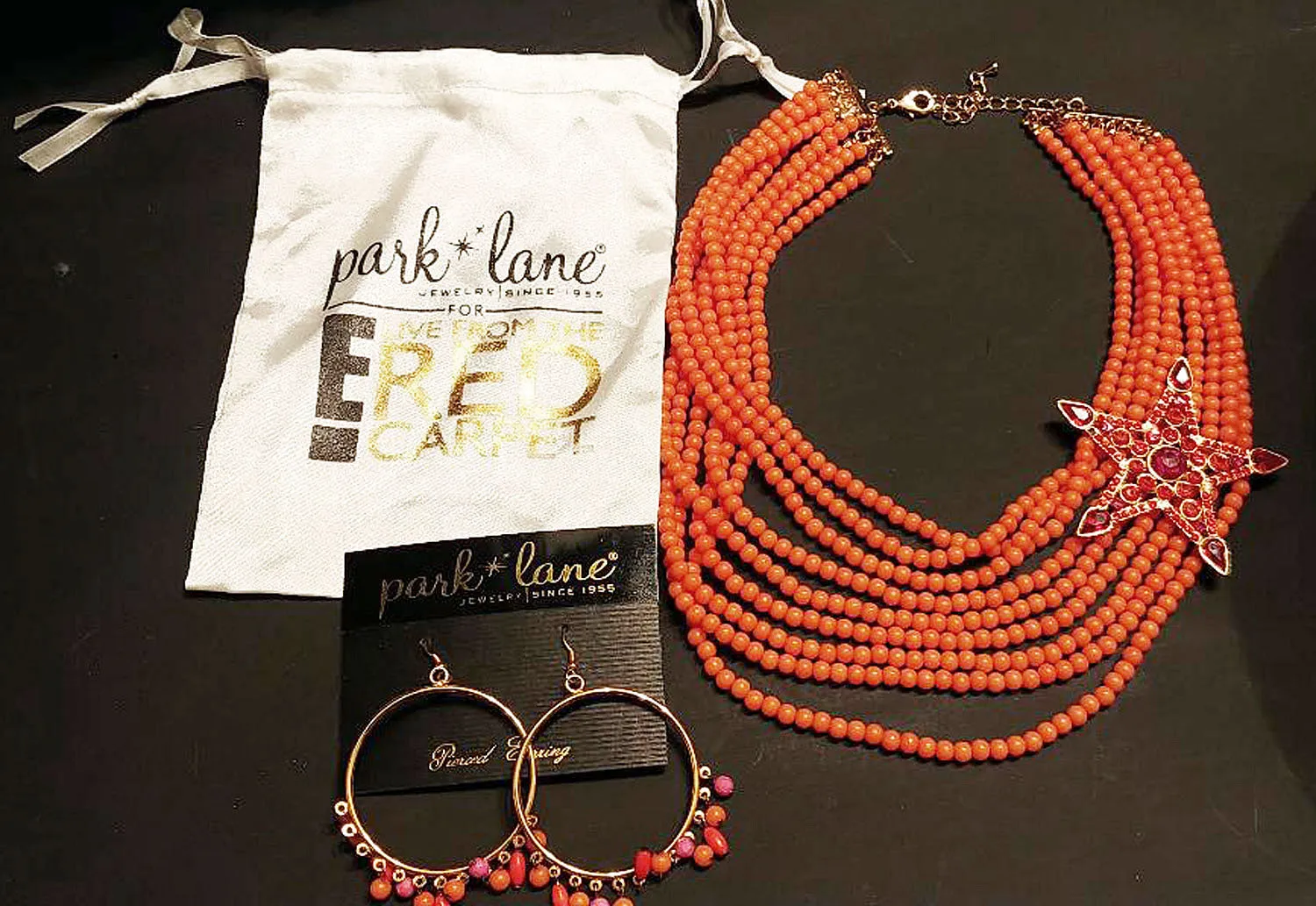 *NEW OLD STOCK -  GORGEOUS PARK LANE TANGERINE & HOT PINK RHINESTONE MULTI-STRAND NECKLACE & MATCHING BEADED EARRINGS