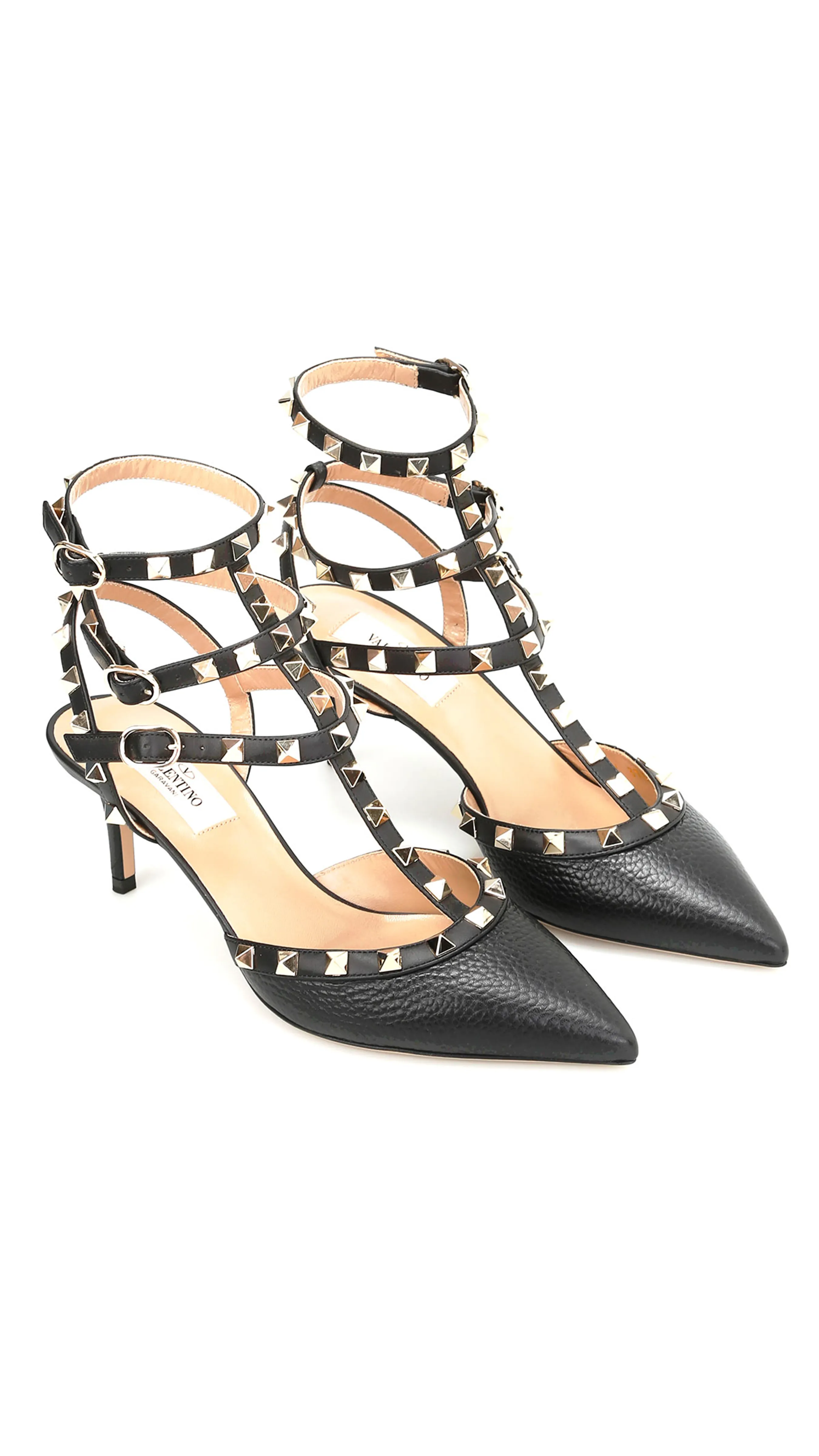 Rockstud Caged Pump in Grain de Poudre Leather 65MM - Black